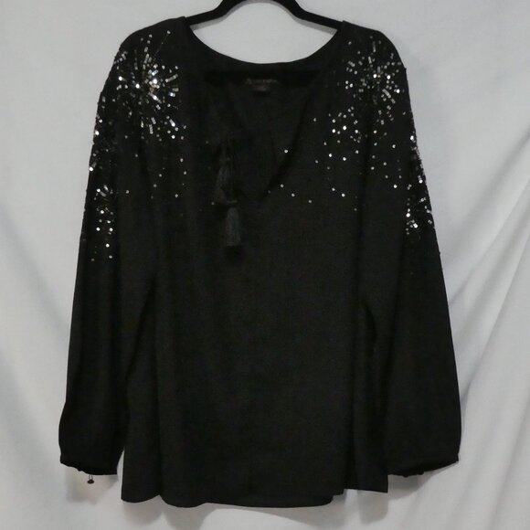 LOVE & LEGEND | size 18 | Sheer Black Sequin Embellished Blouse | Tassel Tie - Picture 1 of 14